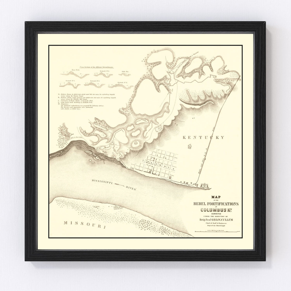 Vintage Rebel Fortifications at Columbus Kentucky Map 1862