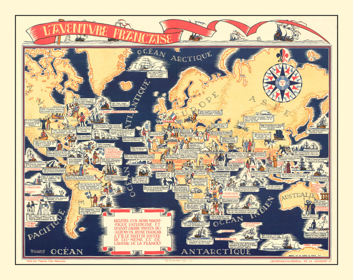 Vintage World War II French Propaganda World Map 1942