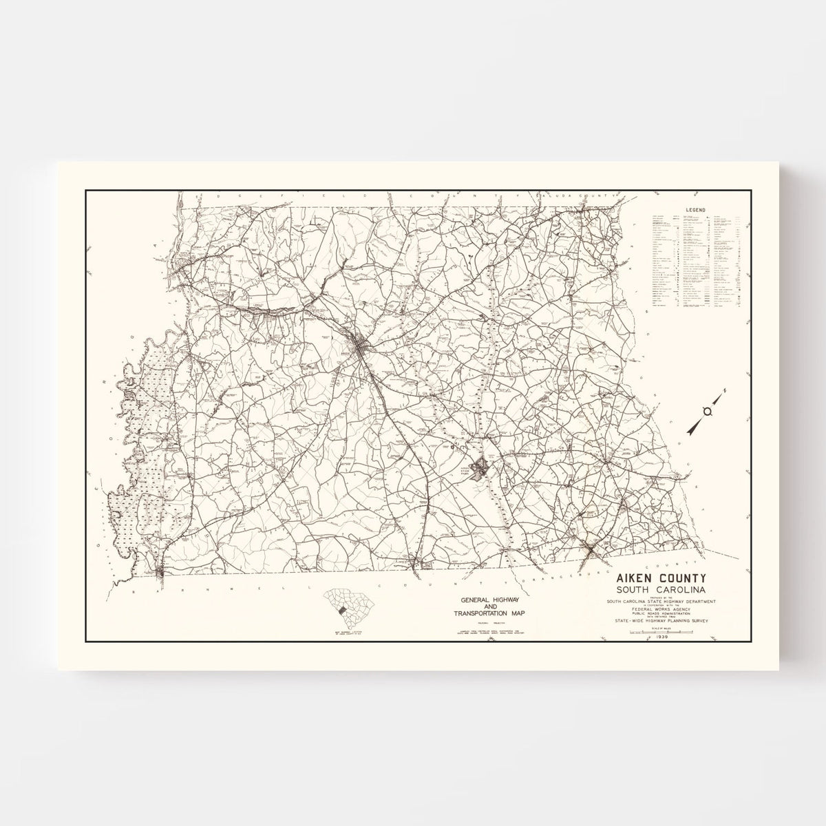 Vintage Map of Aiken County, South Carolina 1939