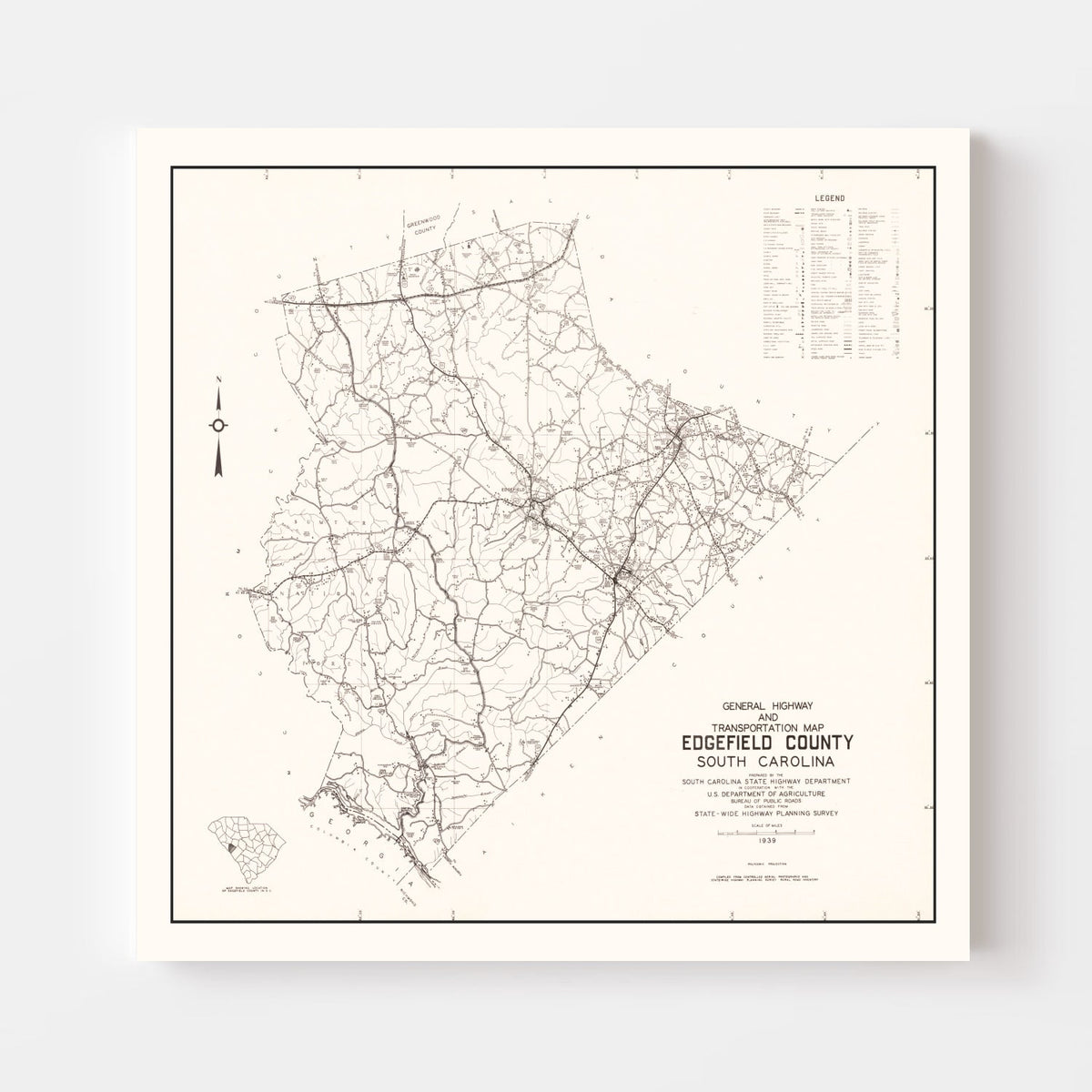Vintage Map of Edgefield County, South Carolina 1939