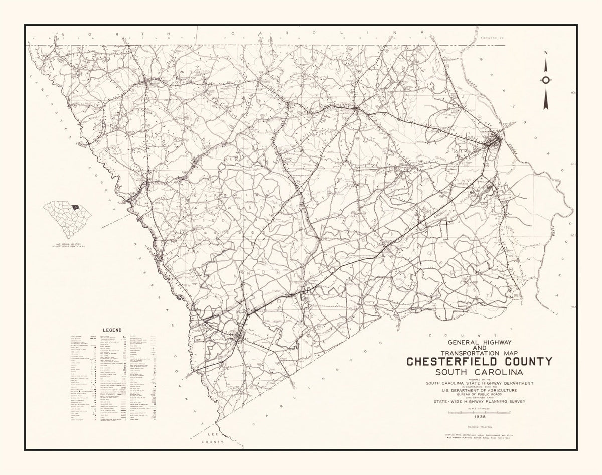 Vintage Map of Chesterfield County, South Carolina 1938