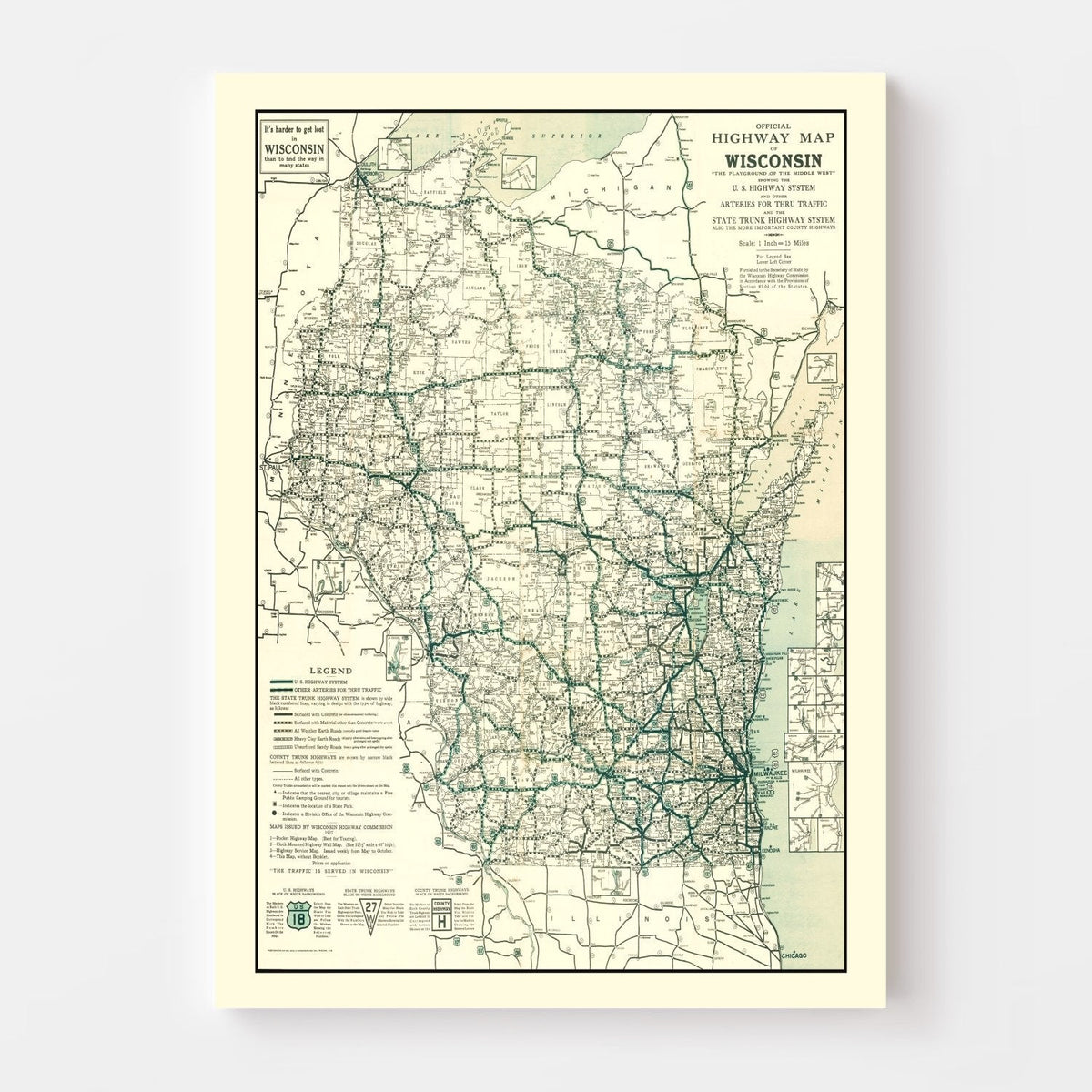 Vintage Map of Wisconsin 1927