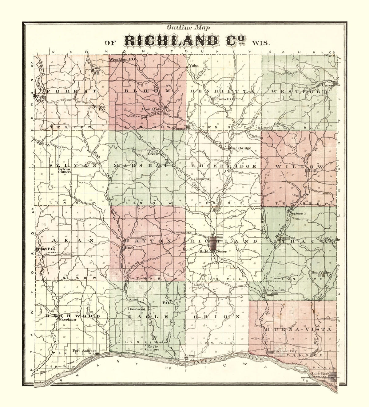Vintage Map of Richland County, Wisconsin 1874