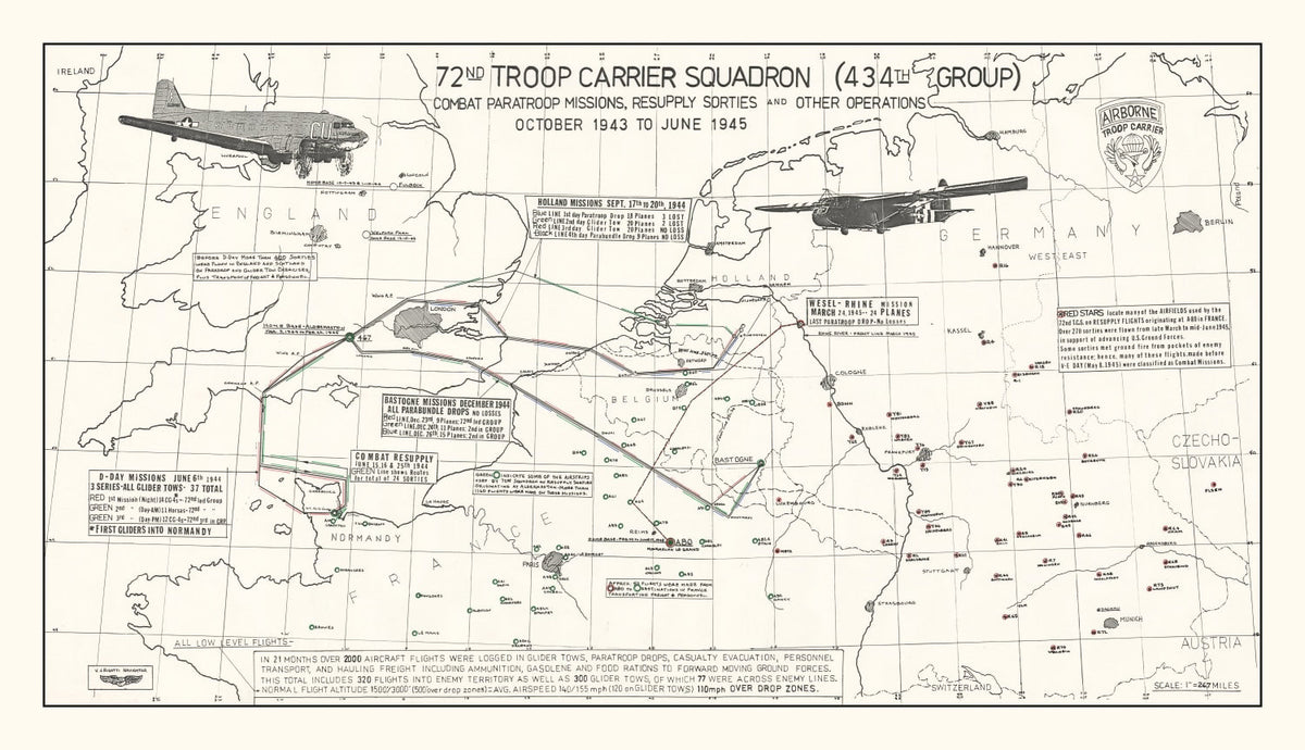 Vintage Map of the 72nd Troop Carrier Squadron Over Europe During WWII Map 1972