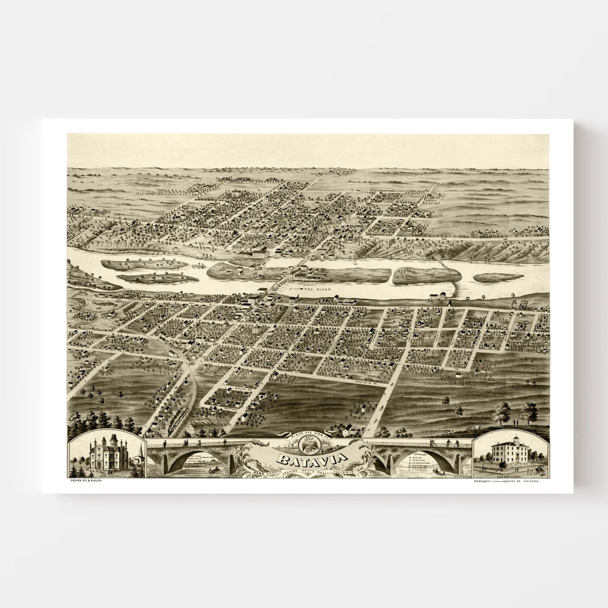 Vintage Map of Batavia, Illinois 1869