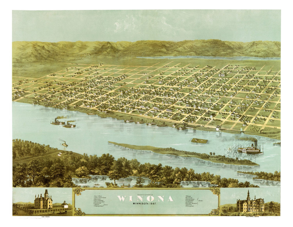 Vintage Map of Winona, Minnesota 1867