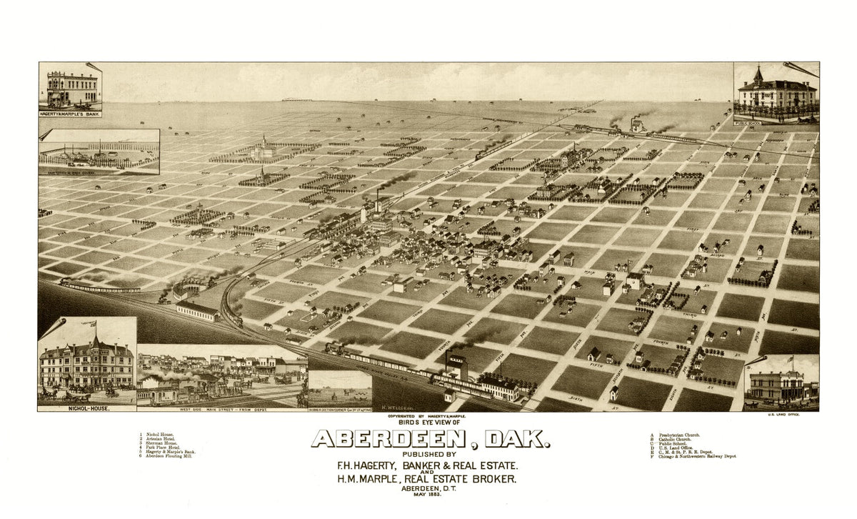 Vintage Map of Aberdeen, South Dakota 1883