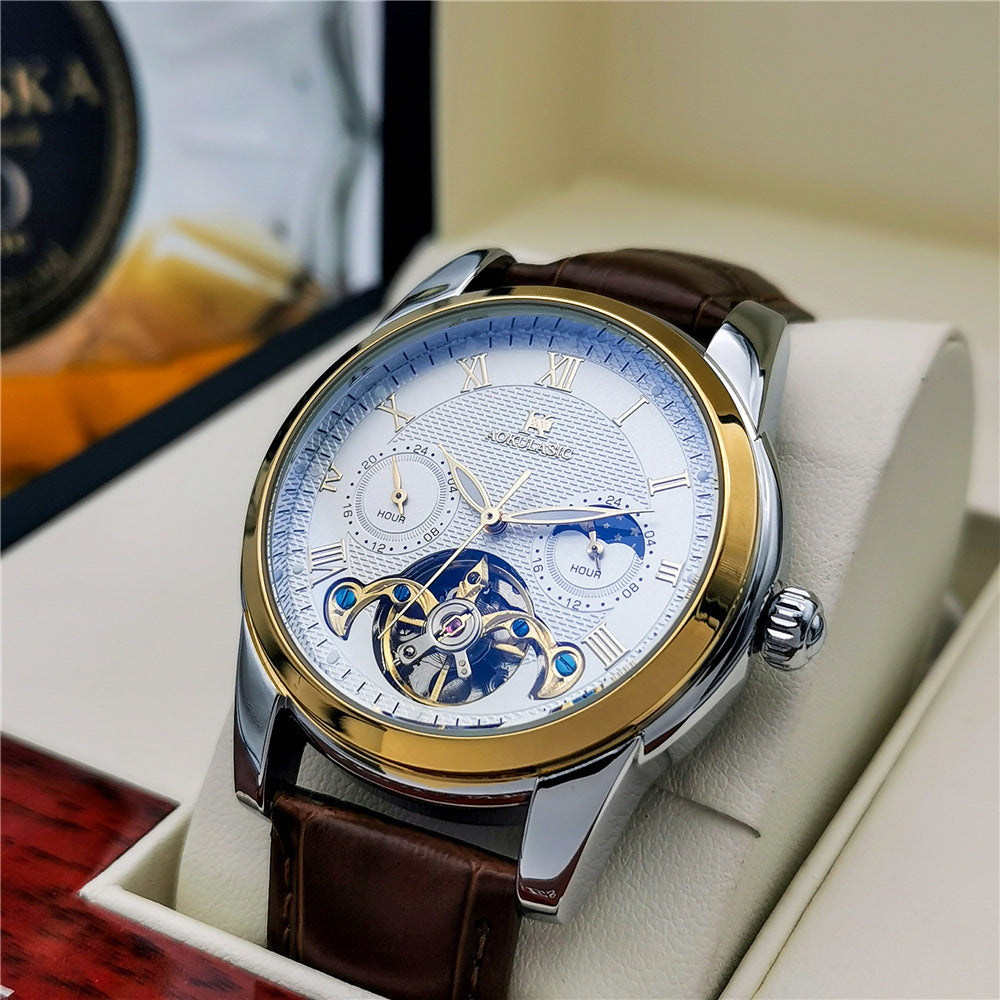 Mens Fashion Luminous Hollow-Out Casual Semi-Automatic Mechanical Watch