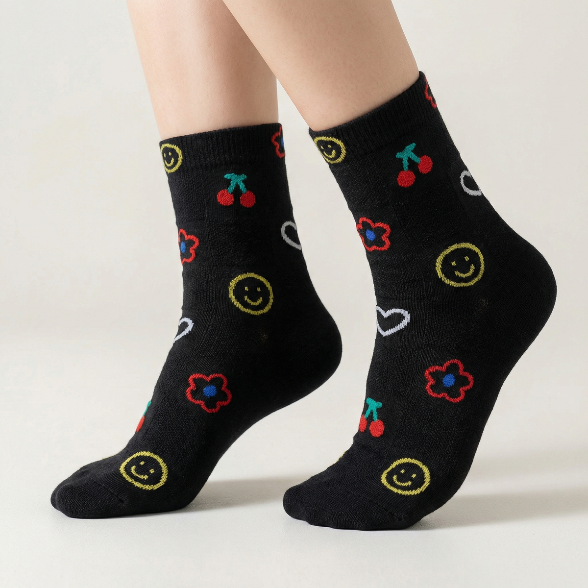 2000s Symbols Pattern Women's Crew Socks in Black [Size 5-10]