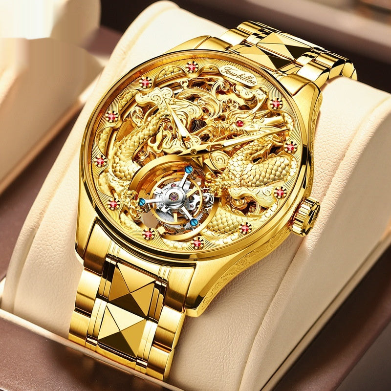 Mens Water-Resistant Mechanical Watch With Hollowed-Out Design And Steel Strap