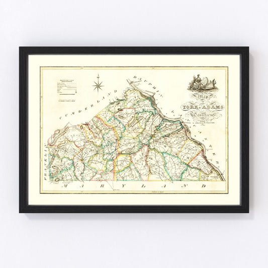 Vintage Map of York County, Pennsylvania 1821