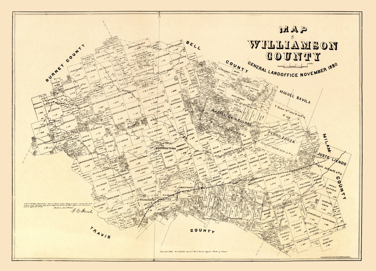 Vintage Map of Williamson County, Texas 1880