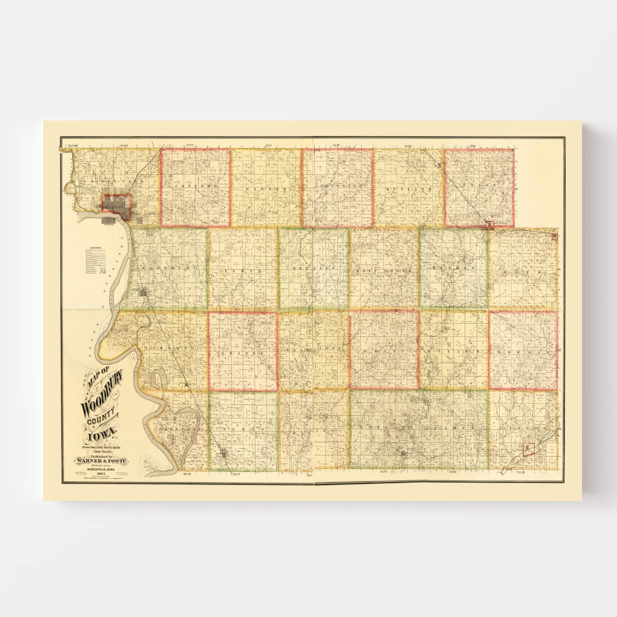 Vintage Map of Woodbury County, Iowa 1884