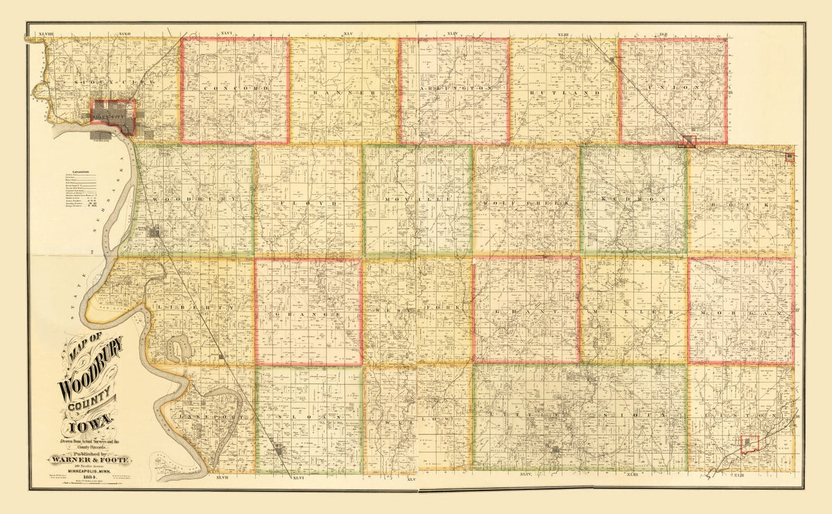 Vintage Map of Woodbury County, Iowa 1884