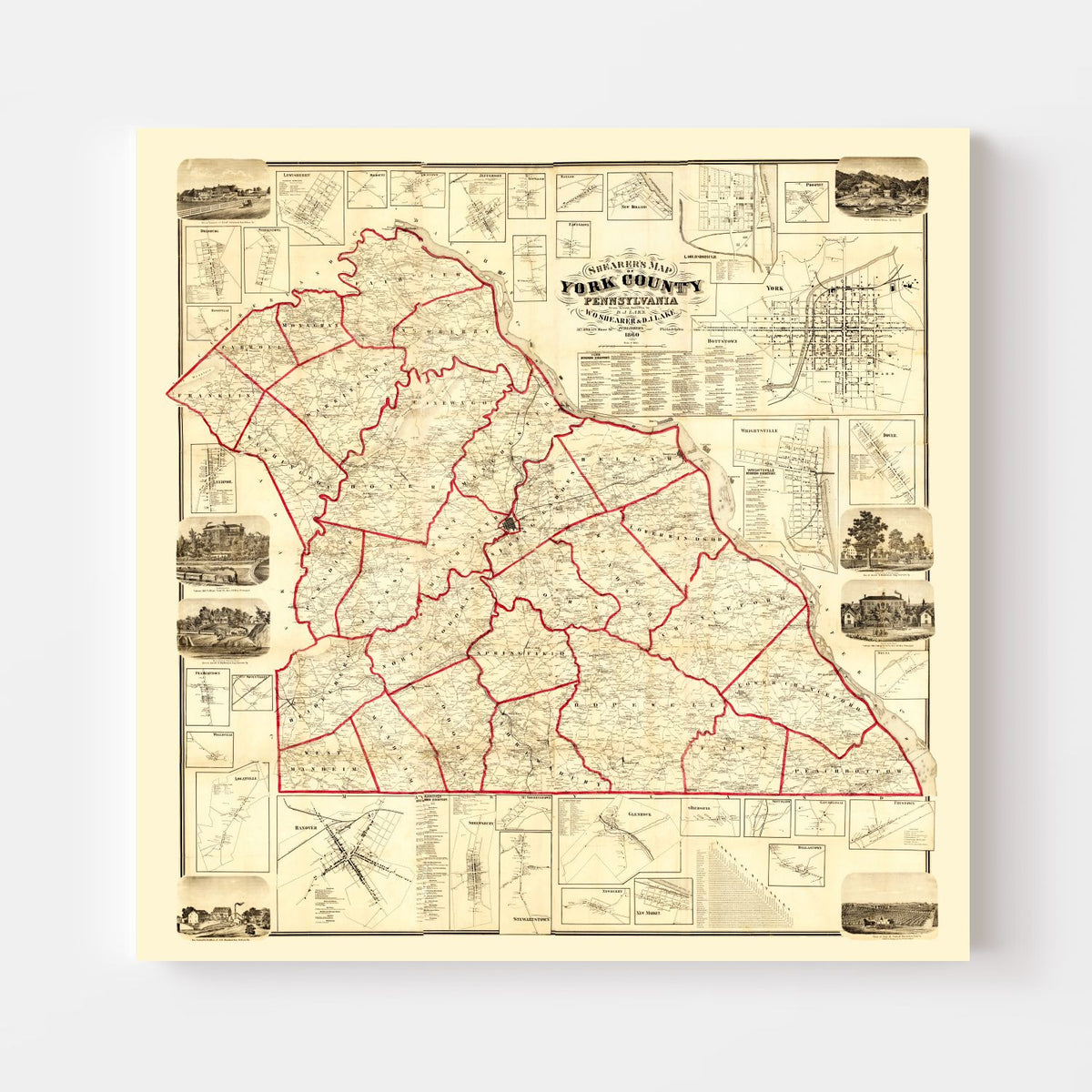 Vintage Map of York County, Pennsylvania 1860