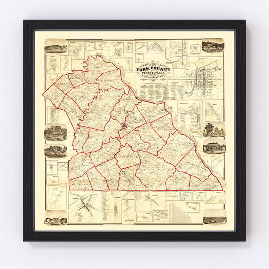 Vintage Map of York County, Pennsylvania 1860