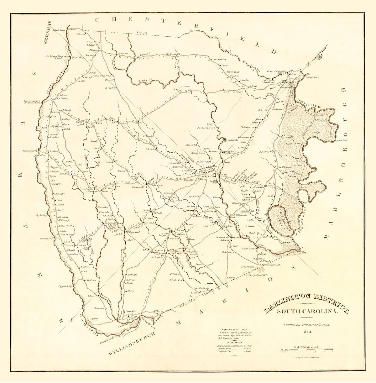 Vintage Map of Darlington District County, South Carolina 1825