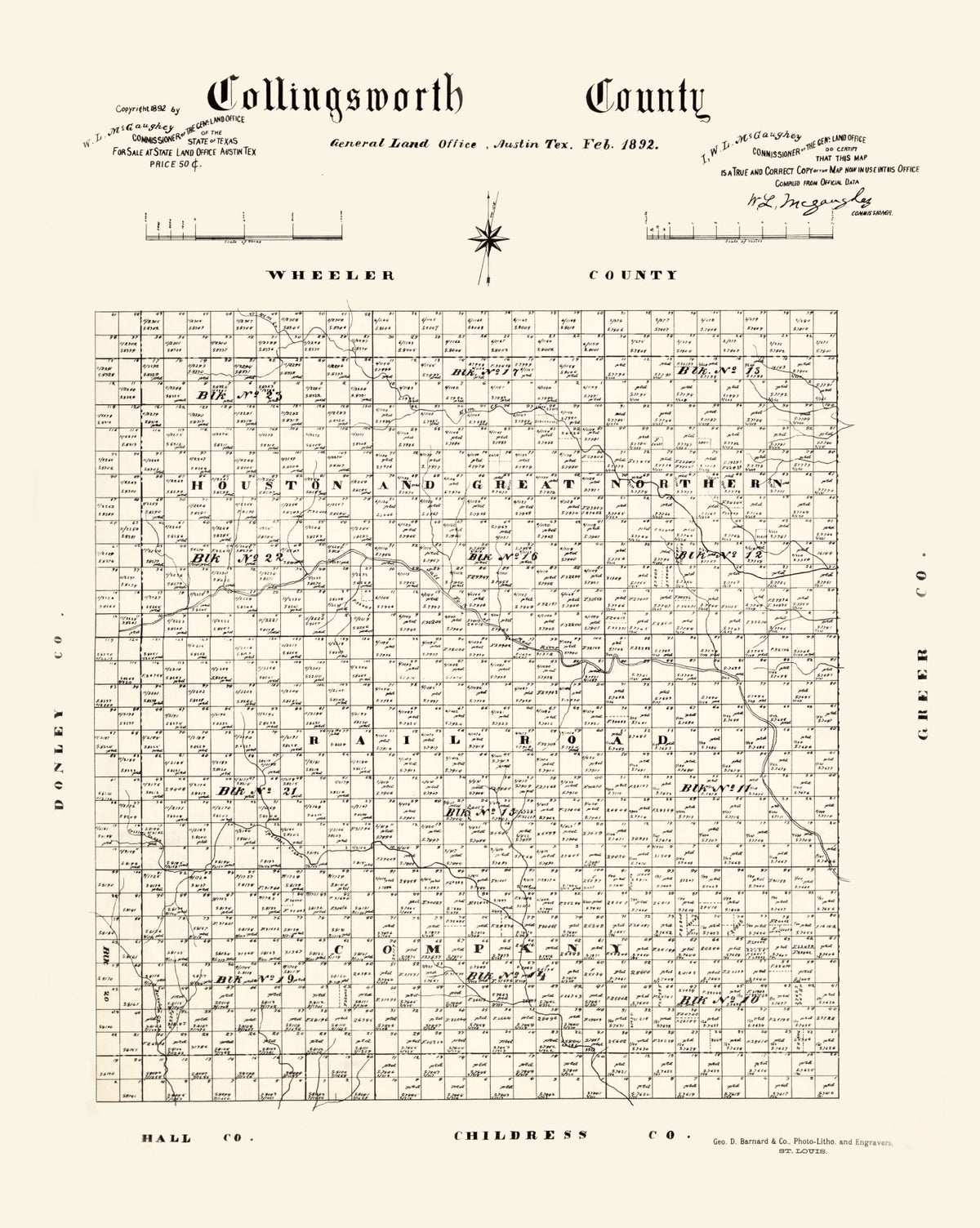 Vintage Map of Collingsworth County, Texas 1892