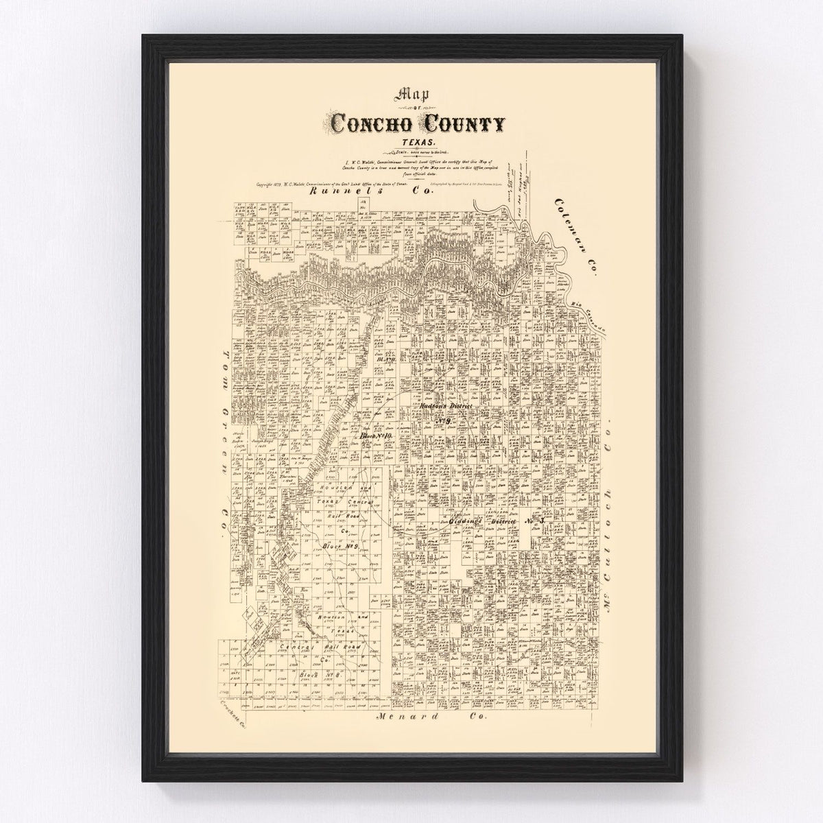 Vintage Map of Concho County, Texas 1879