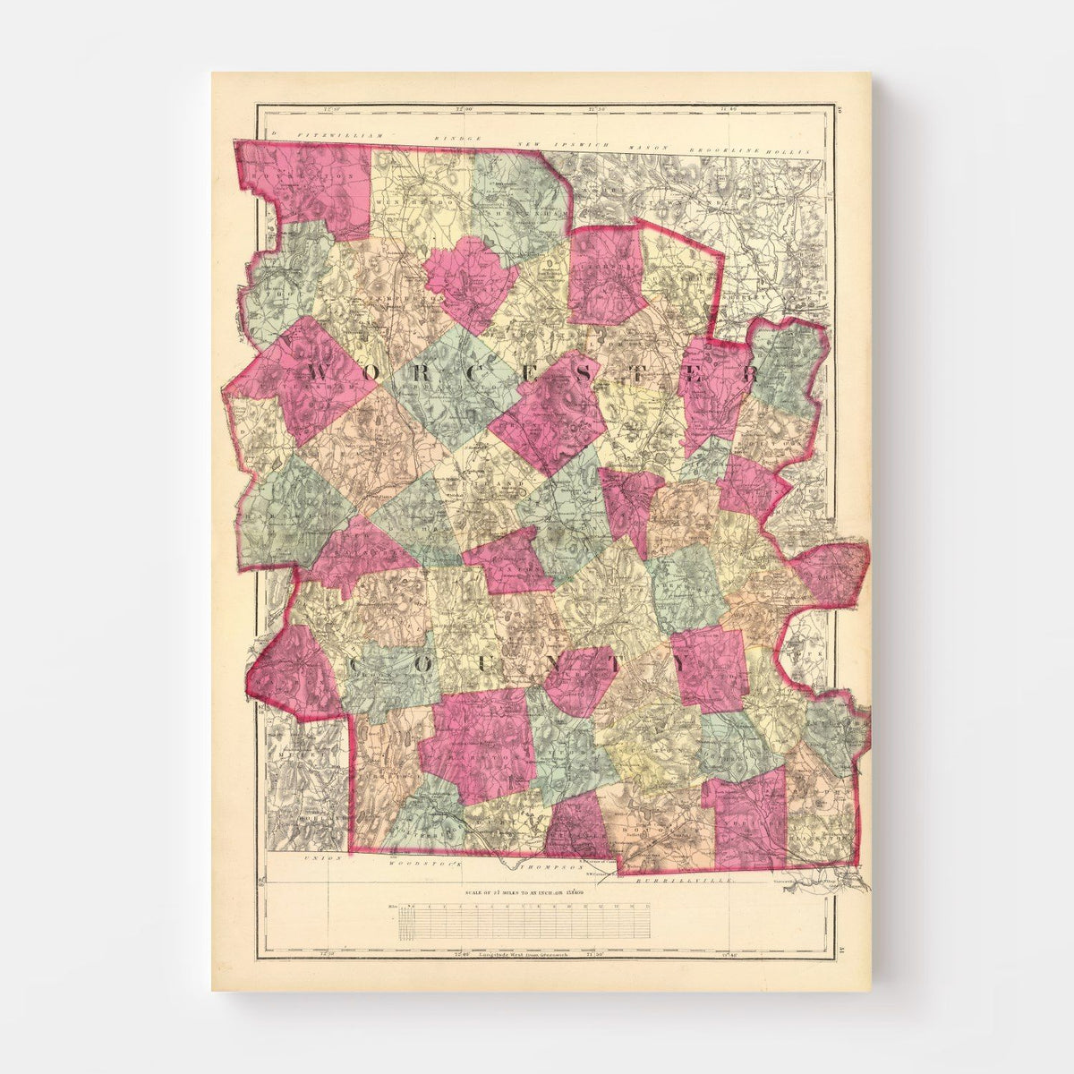Vintage Map of Worcester County, Massachusetts 1871