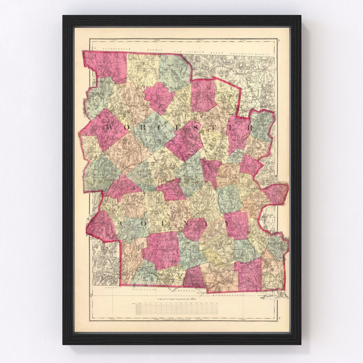 Vintage Map of Worcester County, Massachusetts 1871
