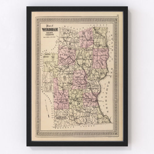 Vintage Map of Windham County, Vermont 1876