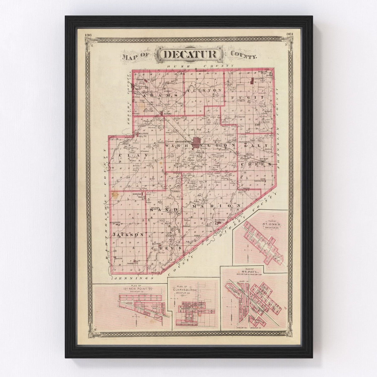 Vintage Map of Decatur County, Indiana 1876