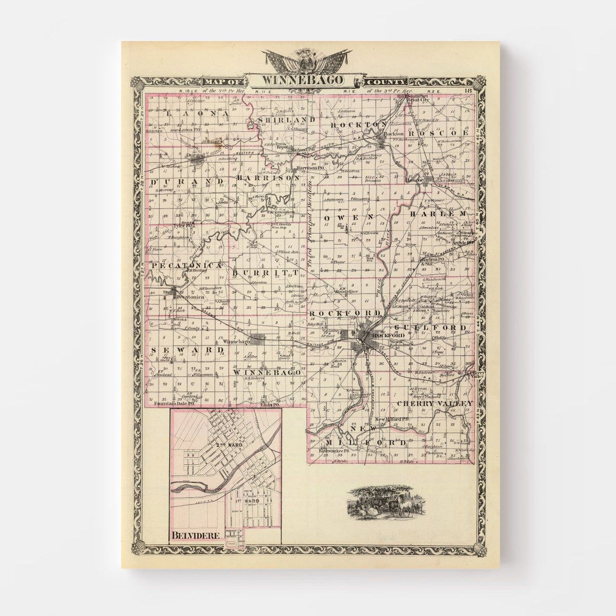 Vintage Map of Winnebago County, Illinois 1876