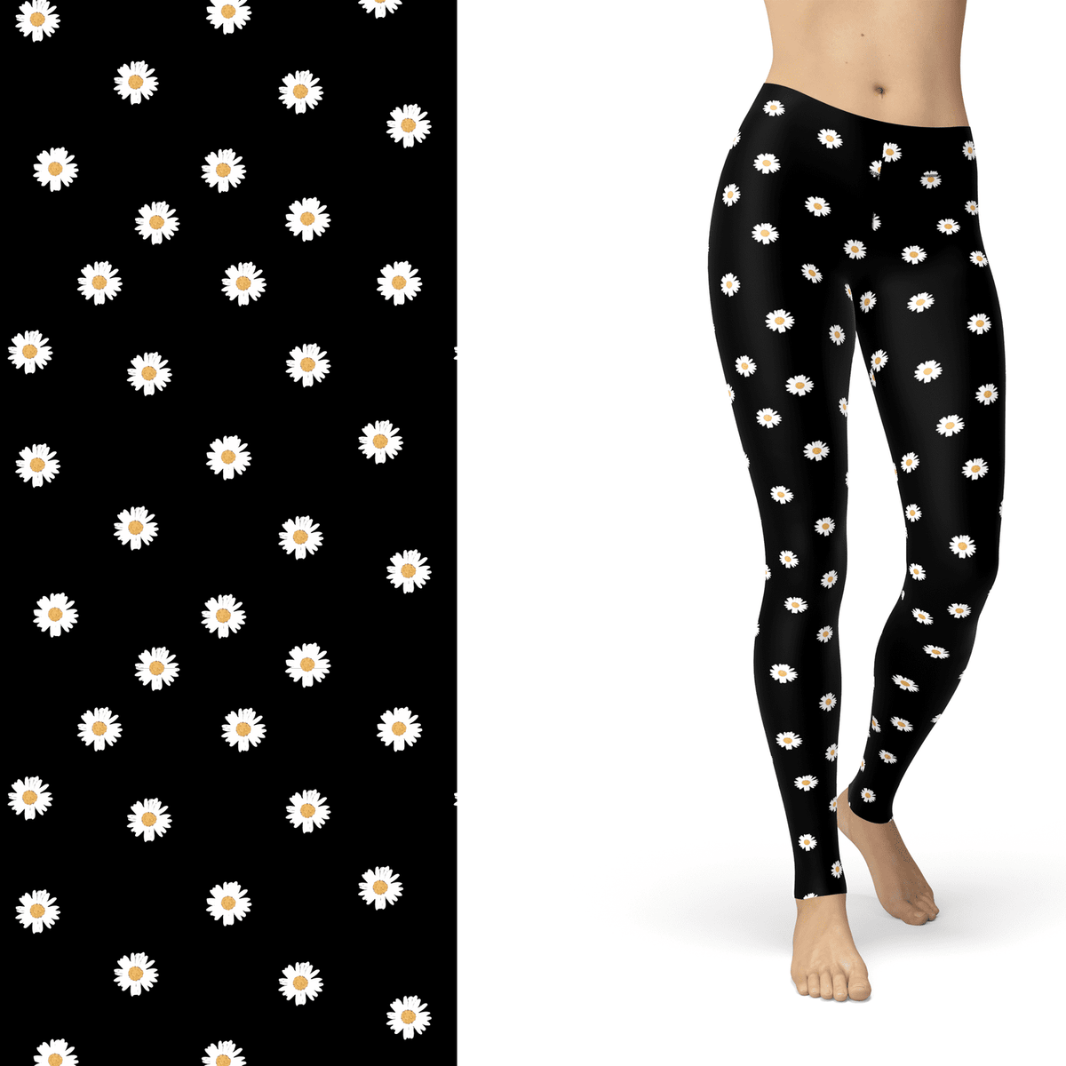 Daisy Flower  Leggings Black and White with Left Side Pocket Active
