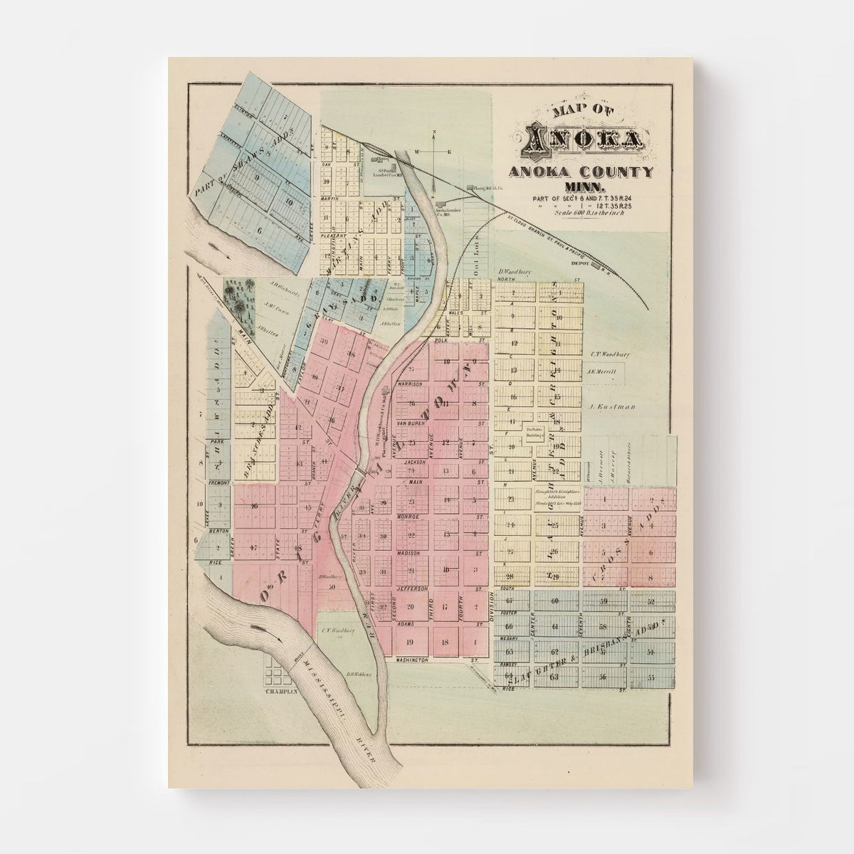 Vintage Map of Anoka, Minnesota 1874