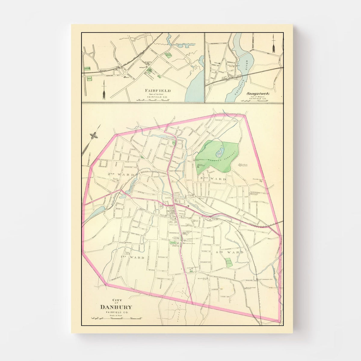 Vintage Map of Danbury, Connecticut 1893