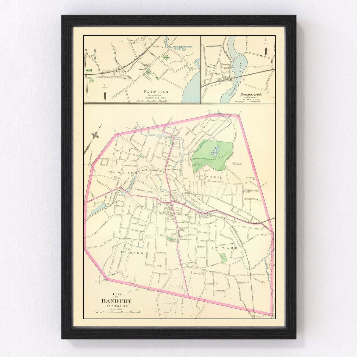 Vintage Map of Danbury, Connecticut 1893