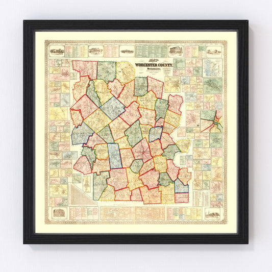 Vintage Map of Worcester County, Massachusetts 1857