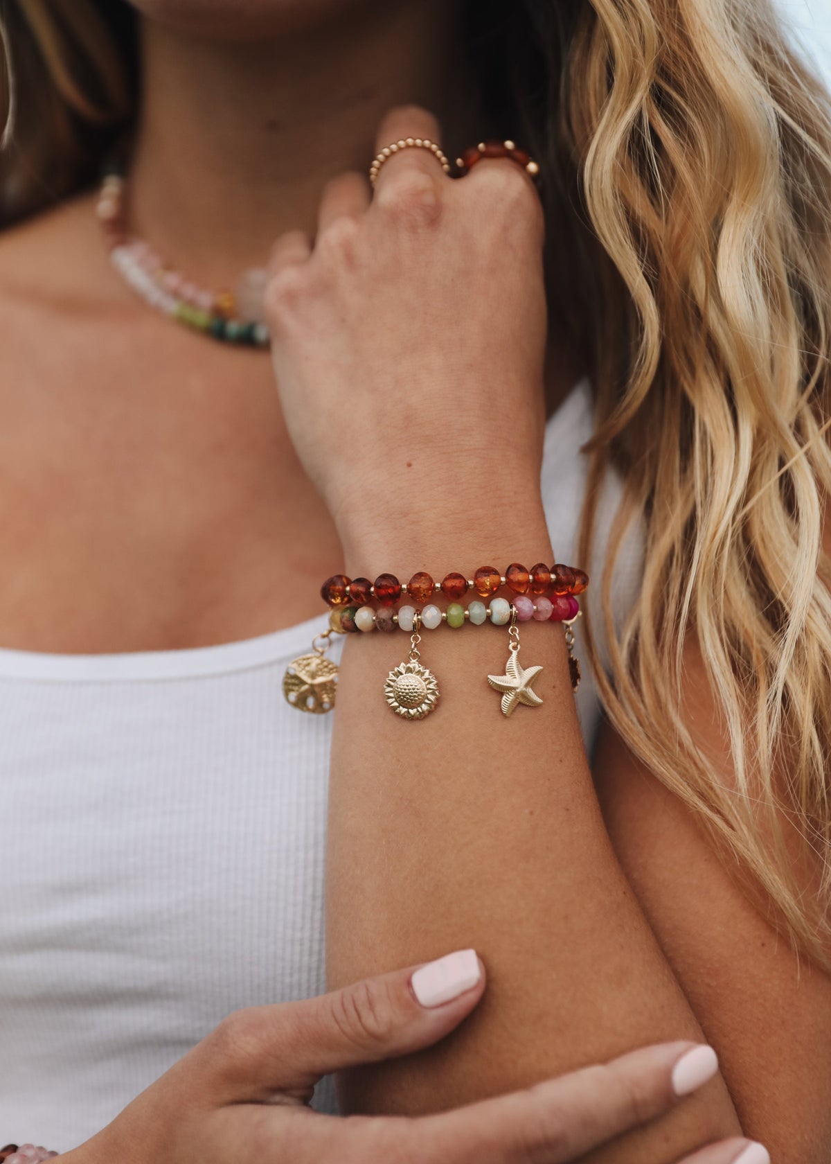 Baltic Sea Amber : 14k Gold Filled Beaded Sun + Moon || Adult Bracelets
