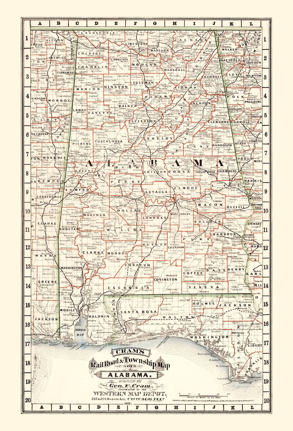 Vintage Railroad Map of Alabama 1882