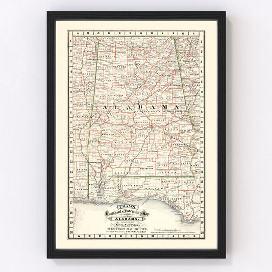 Vintage Railroad Map of Alabama 1882