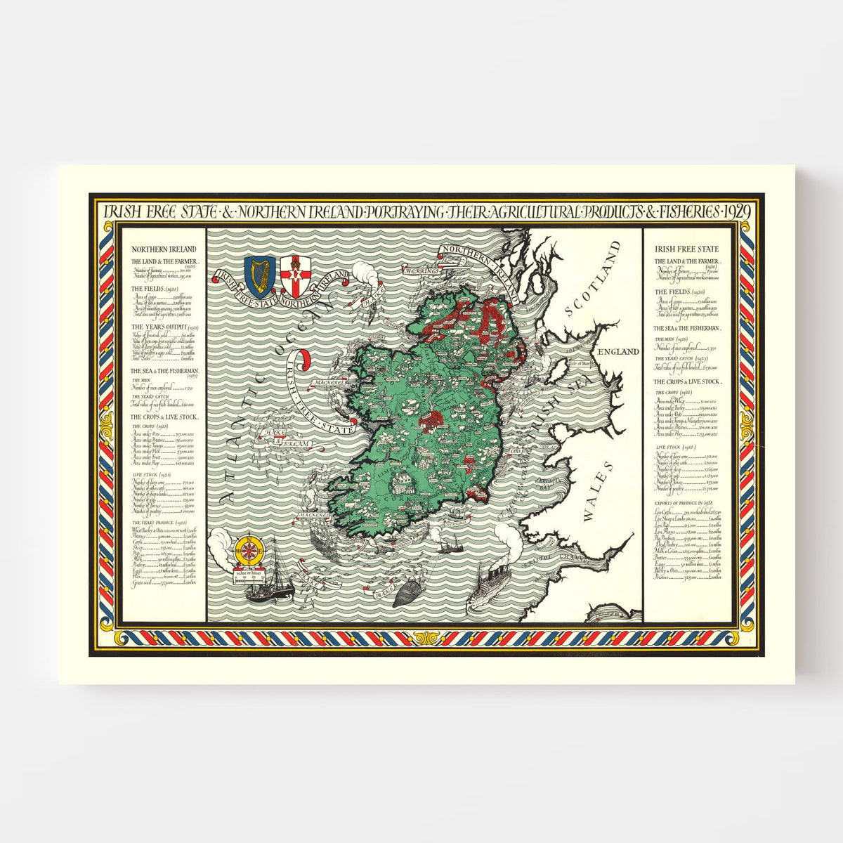 Vintage Agriculture & Fisheries Map of Ireland 1929