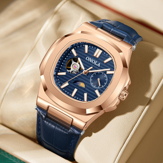 High-Quality Mechanical Watch Sun Moon And Stars Design Waterproof Leather Strap