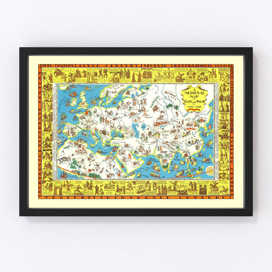 Vintage Medieval Map of East & West 1925