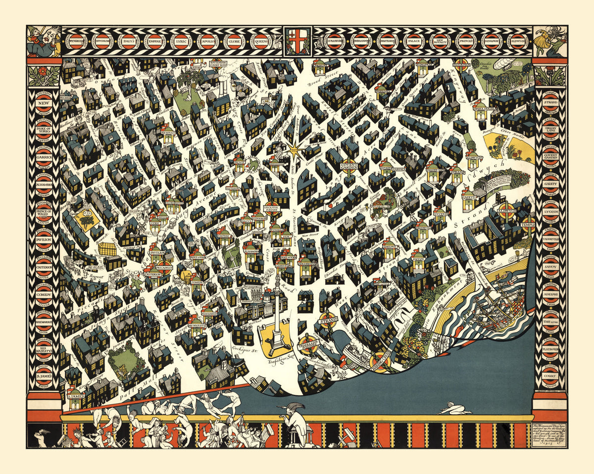 Vintage Map of London Theater District, England 1915