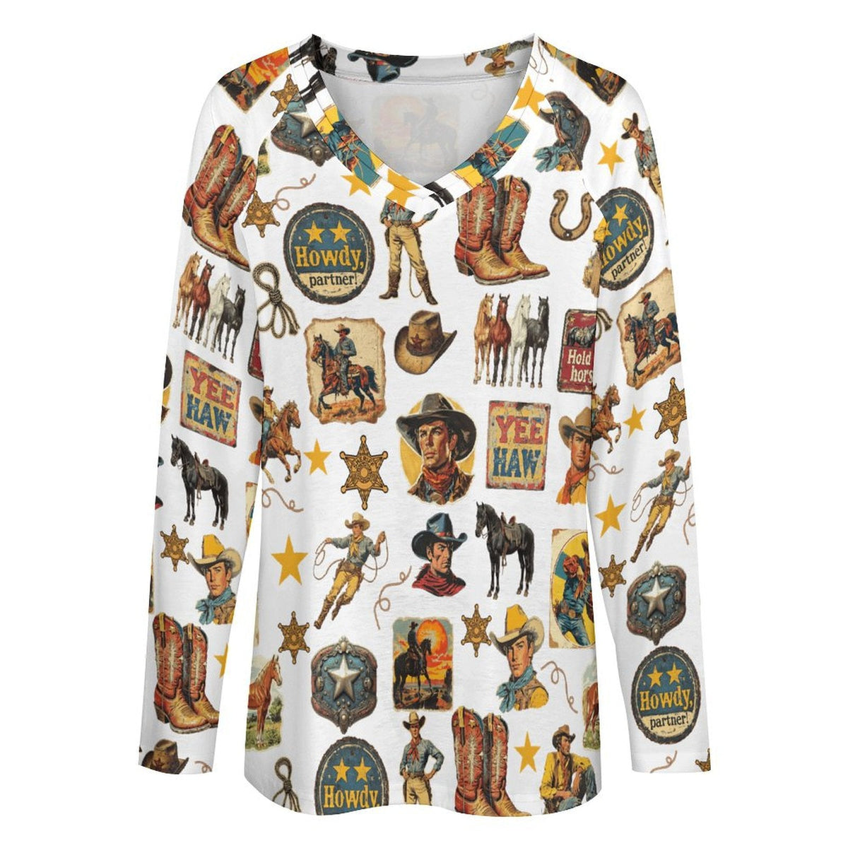 Baha Ranch Long Sleeve Vintage Cowboy Collage Top