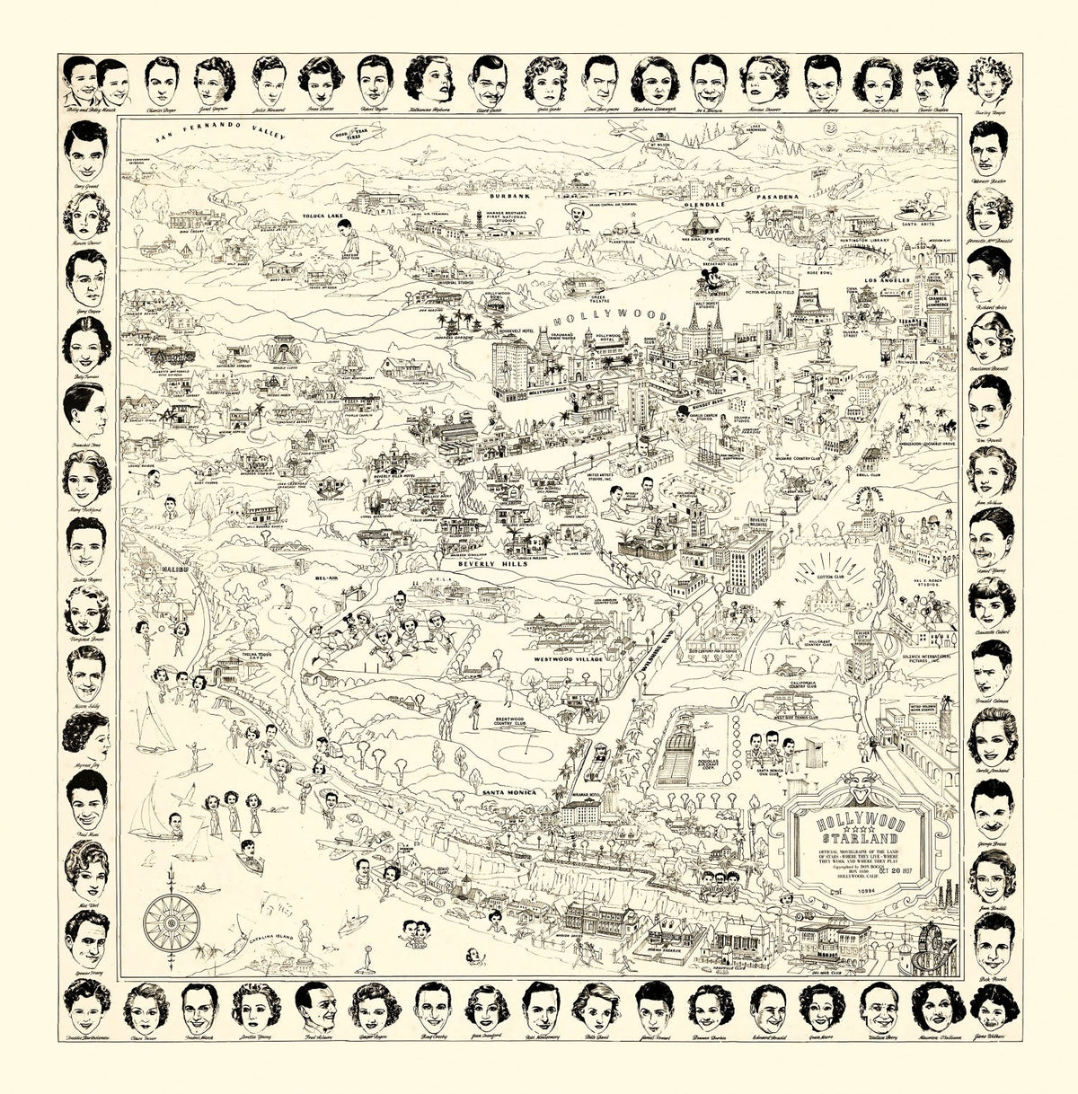 Vintage Los Angeles Movie Star Map 1937