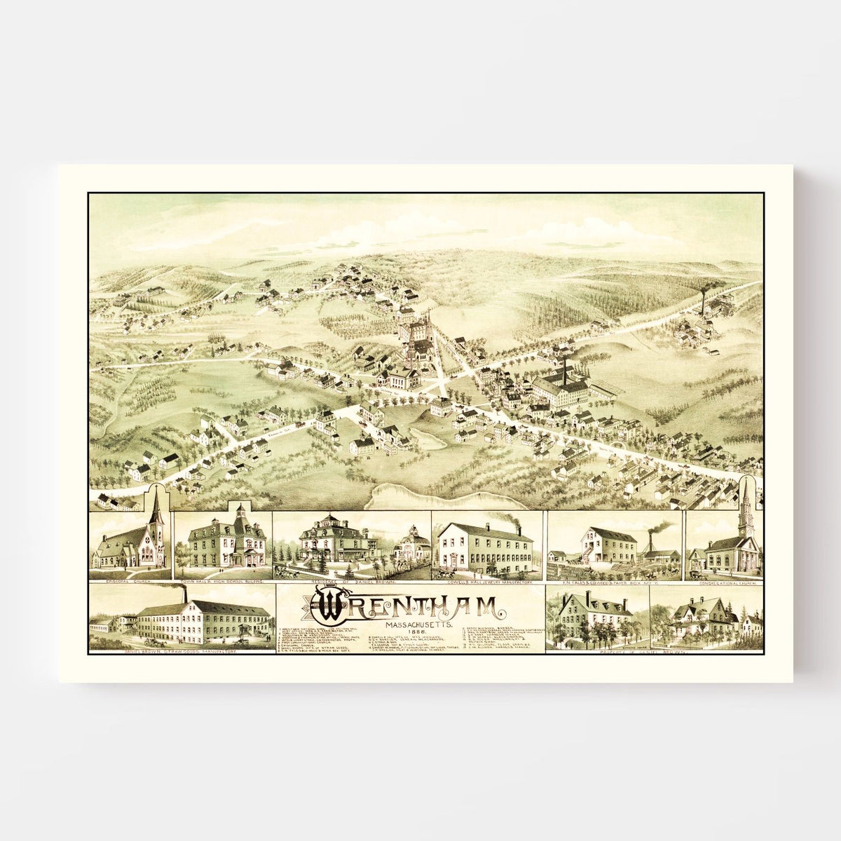 Vintage Map of Wrentham, Massachusetts 1888
