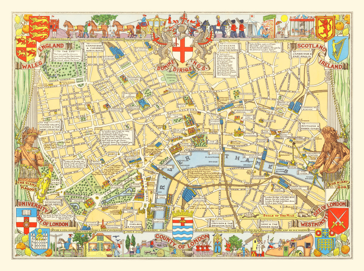 Vintage Children's Map of London, England 1938