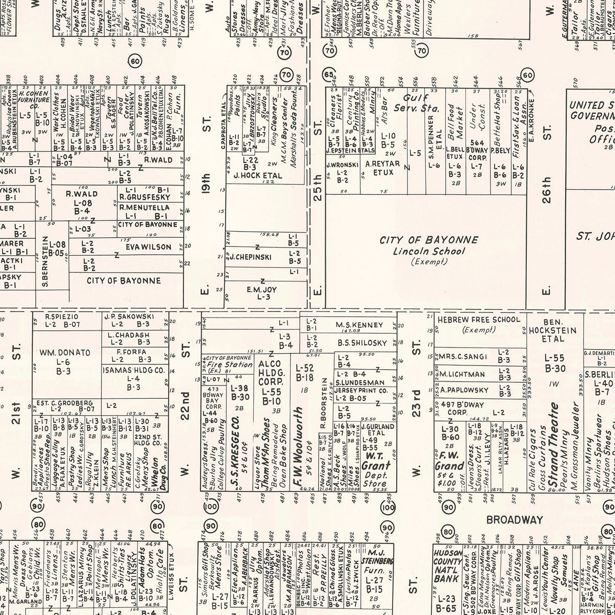Vintage Map of Bayonne, NJ Business Section 1947