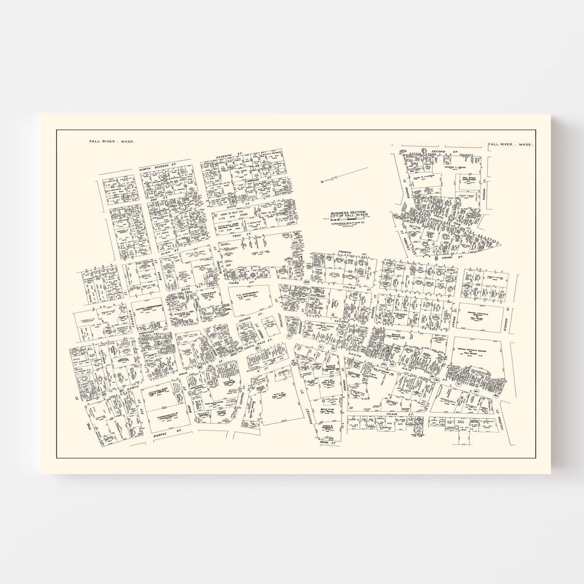 Vintage Map of Fall River, MA Business Section 1946