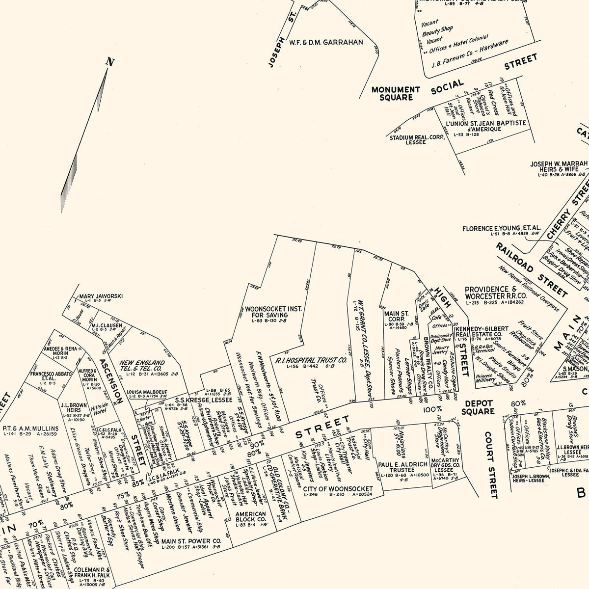 Vintage Map of Woonsocket, RI Business Section 1946