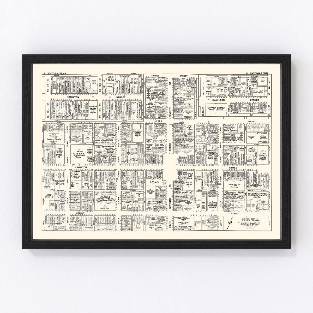 Vintage Map of Allentown, PA Business Section 1950