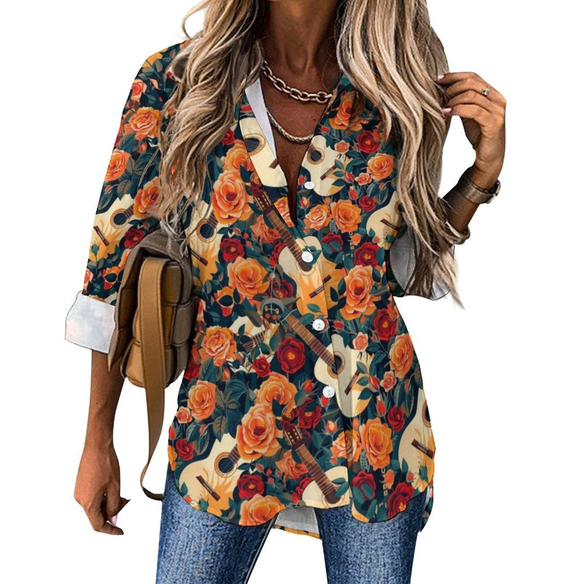 Baha Ranch Colores de Mexico Guitars and Roses Button up Blouse