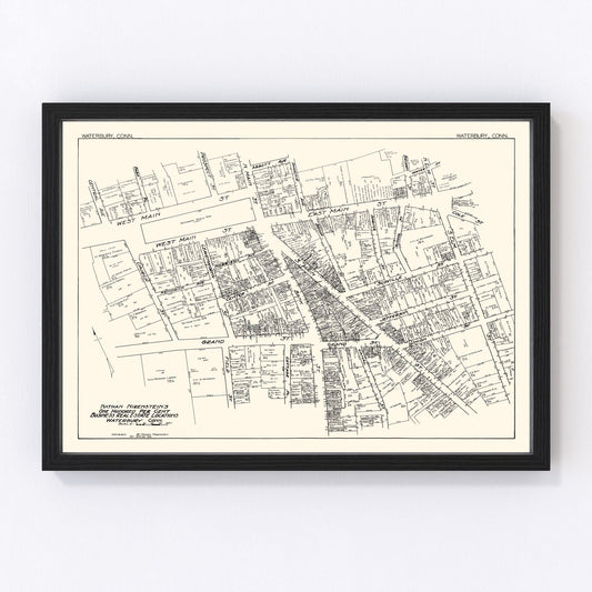Vintage Map of Waterbury, CT Business Section 1929